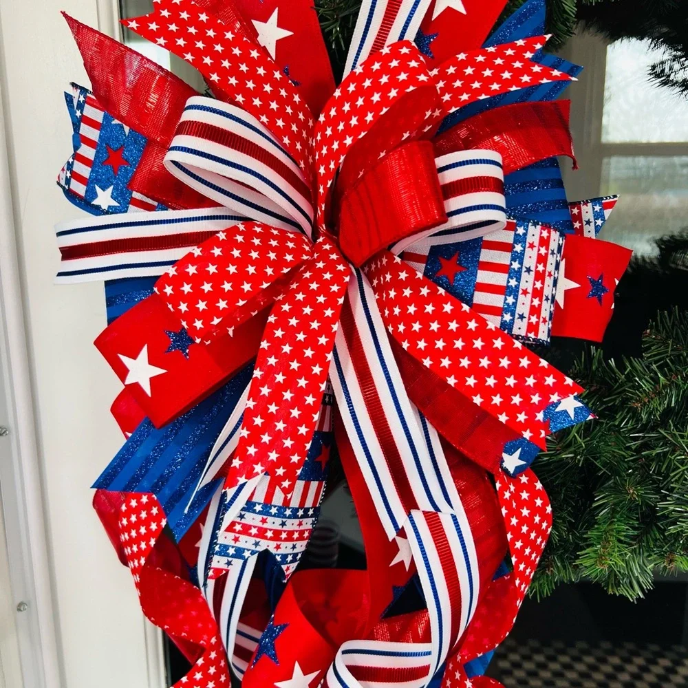 XL Patriotic Red, Navy & White Ribbon Bow Wreath Accent Handmade